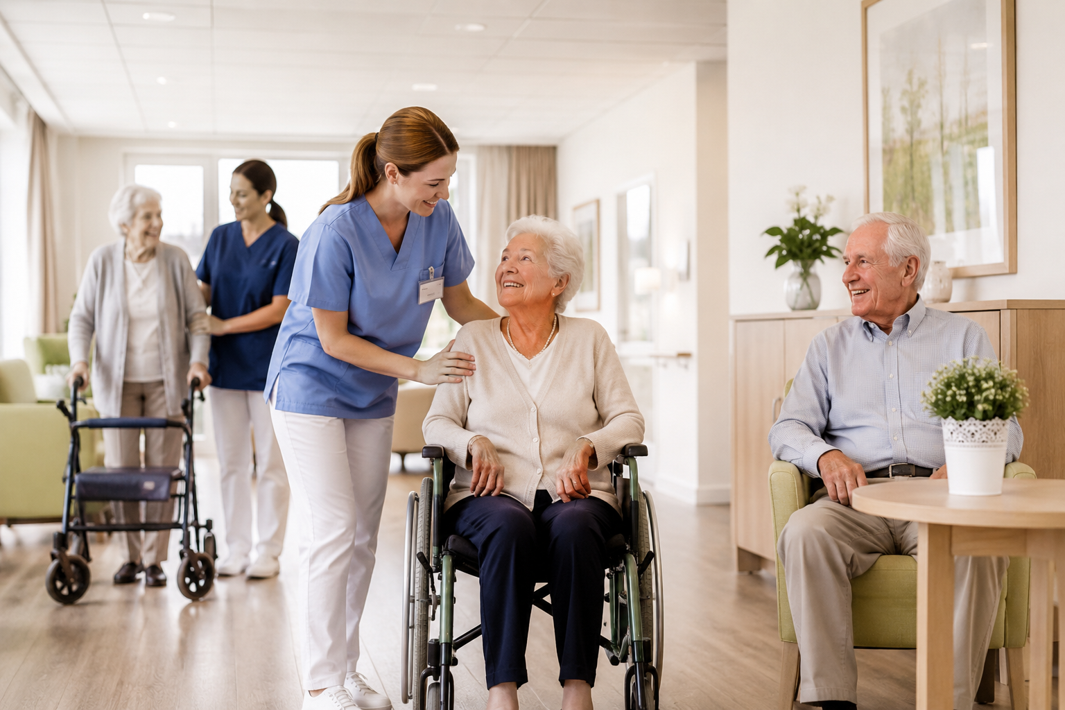 Pflegeeinrichtungen und Heime – Pflegekraft mit Bewohnerin