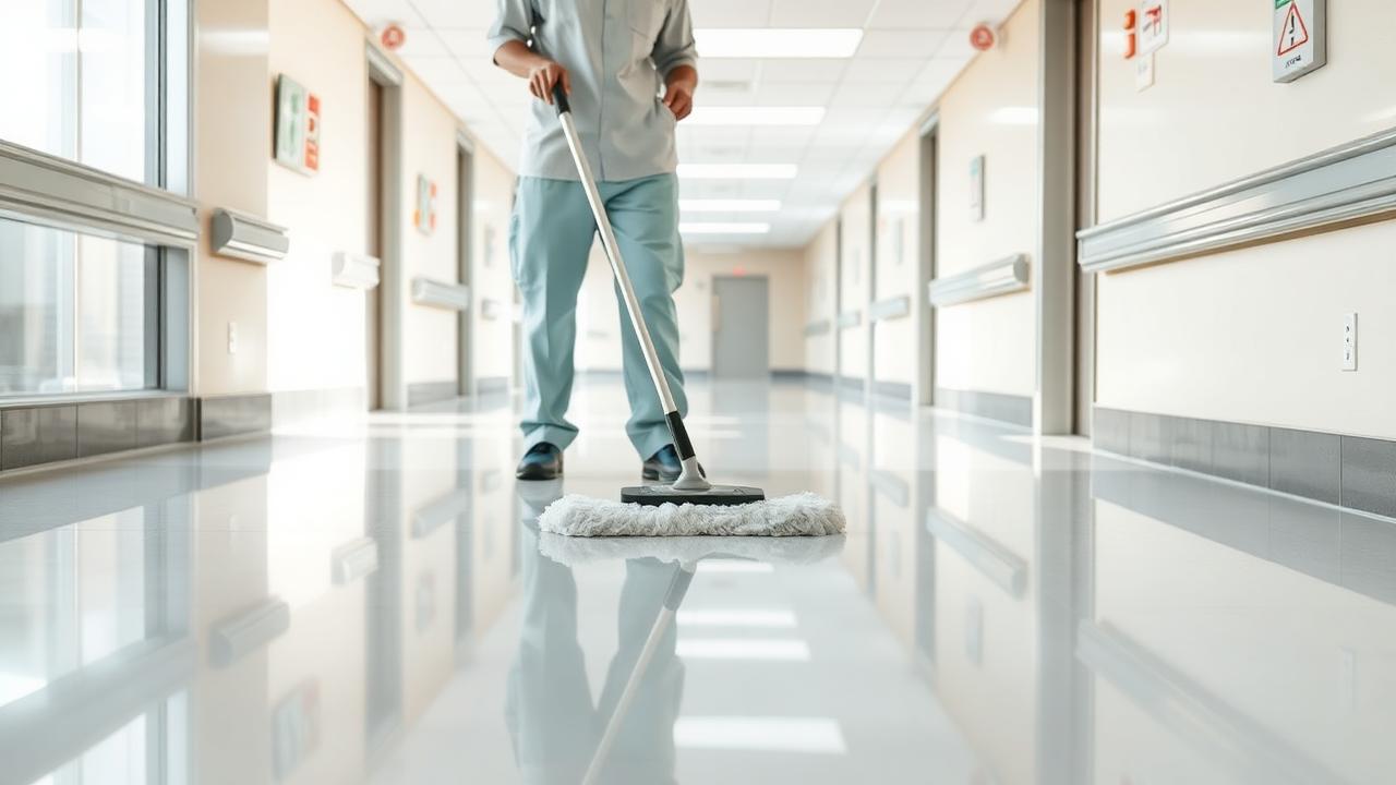 Bodendesinfektion mit Mopp im Klinikflur