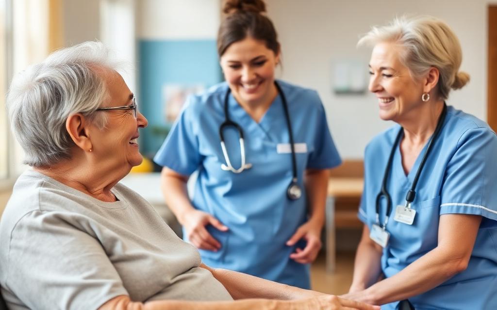 Pflege im Pflegeheim – Pflegekräfte mit Bewohnerin